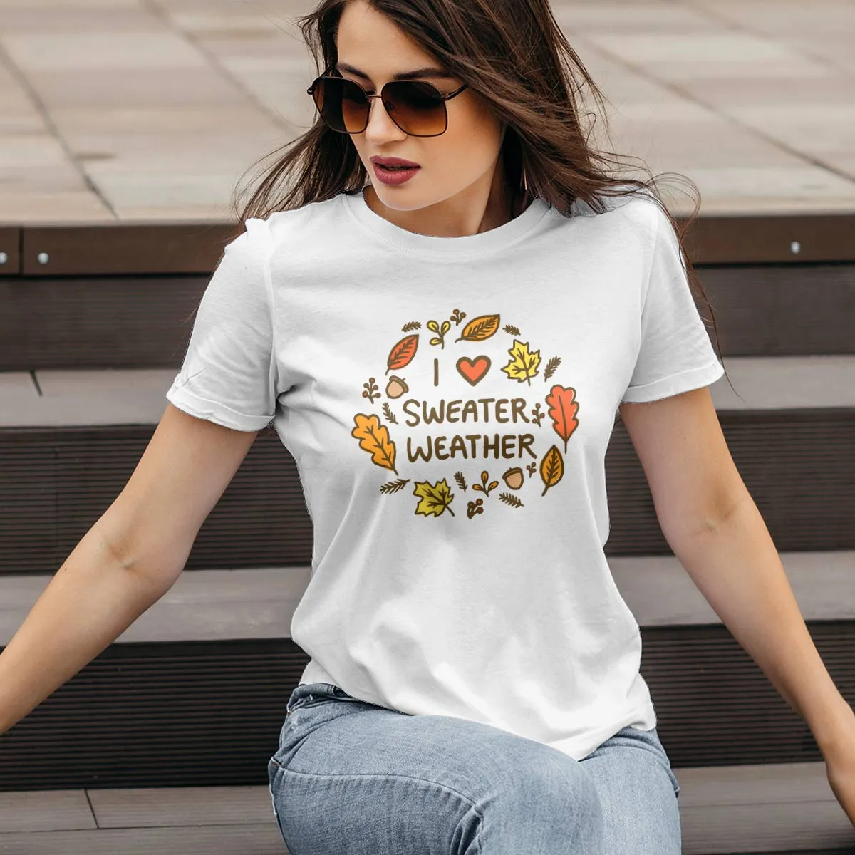 I Love Sweater Weather Fall Design Women's Slim Fit T-shirt S-2X