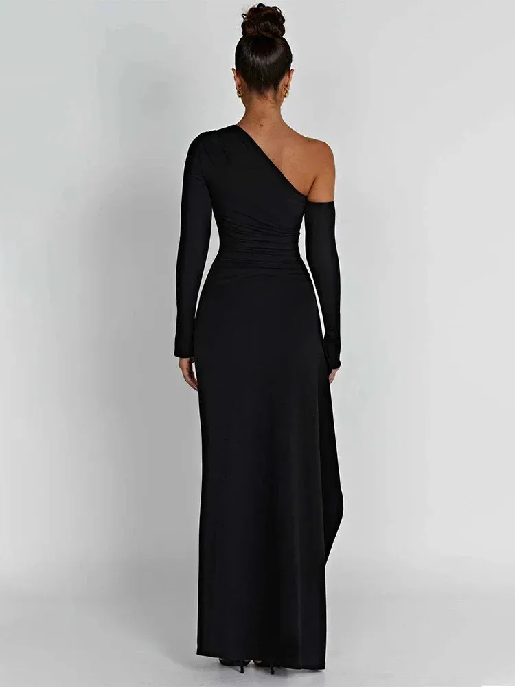 Inclined Shoulder Long High Split Slim Bodycon Sexy Autumn Winter Maxi Dress