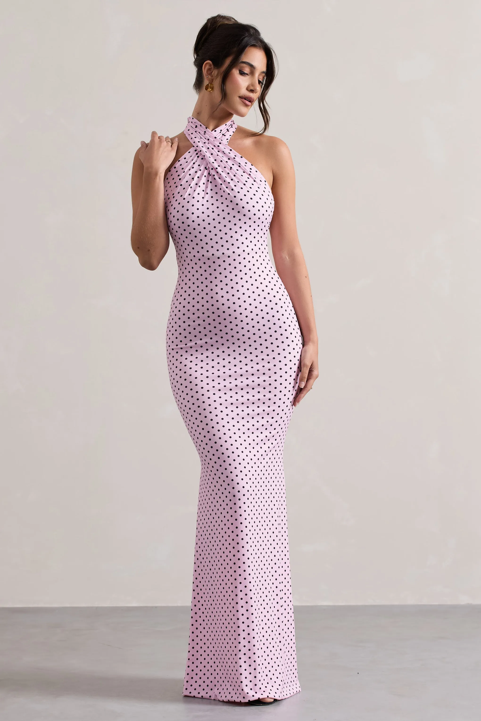 Invincible | Pink Polka Dot Cross Over Halter-Neck Open-Back Maxi Dress