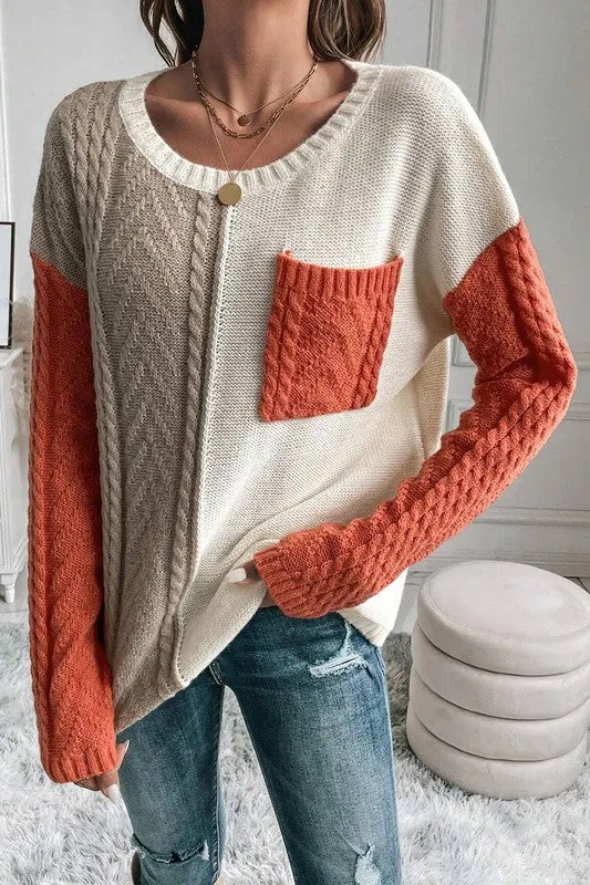 It's All Yours - Colorblock Patched Pocket Drop Shoulder Sweater