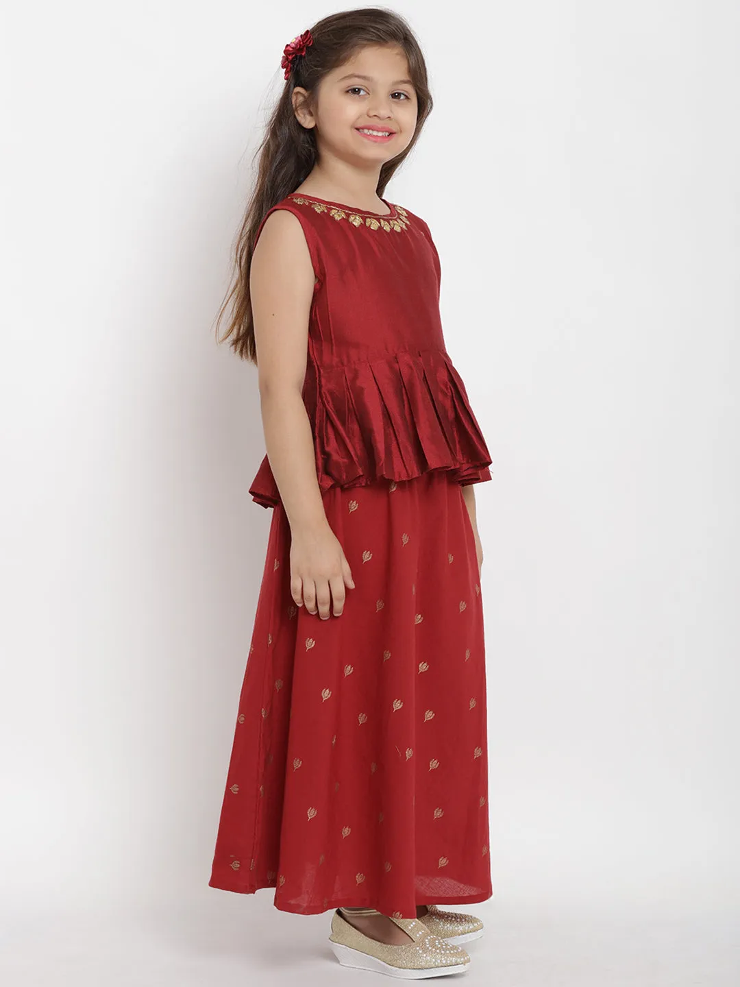 Jashvi Girls Maroon Solid Top with Skirt