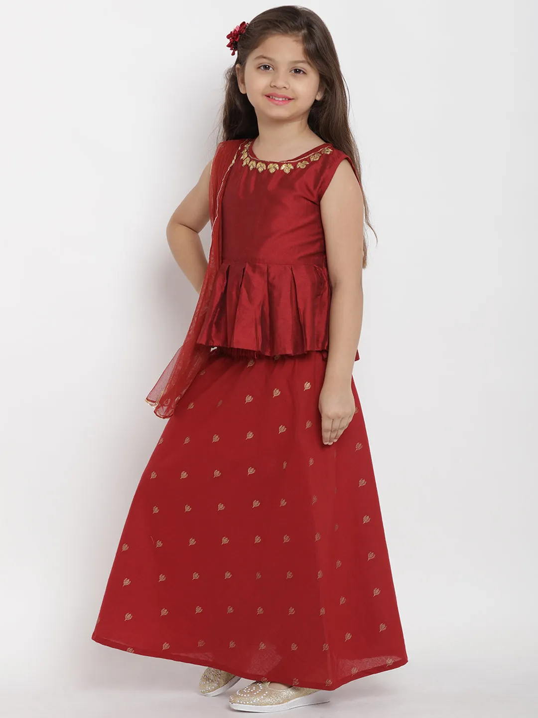 Jashvi Girls Maroon Solid Top with Skirt