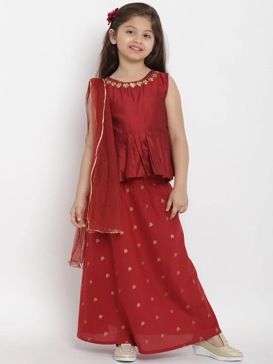 Jashvi Girls Maroon Solid Top with Skirt