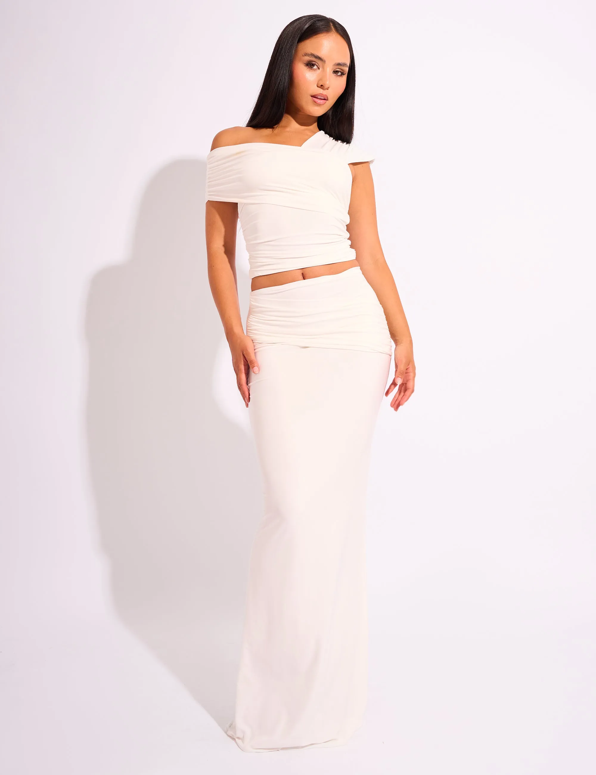 Kaiia Slinky Ruched Maxi Skirt Co-ord White