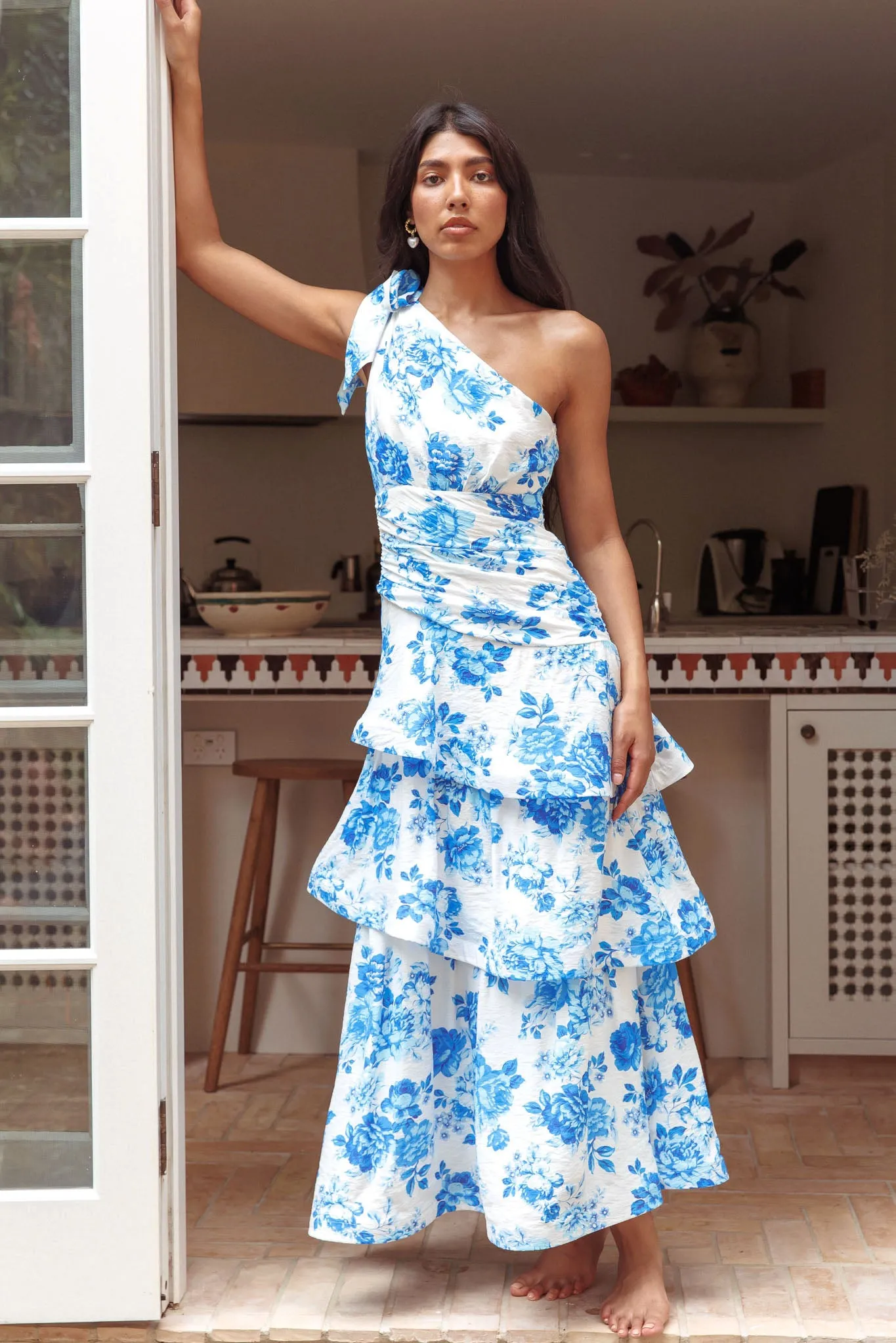 Kenny One Shoulder Tiered Maxi Dress Blue