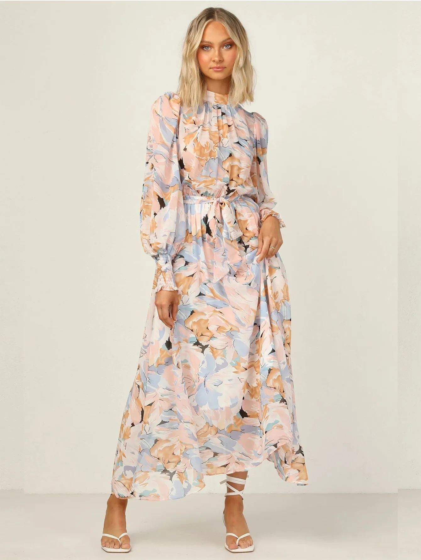 KittenAlarm - Oversized Floral Print Self Waist Tie Dress