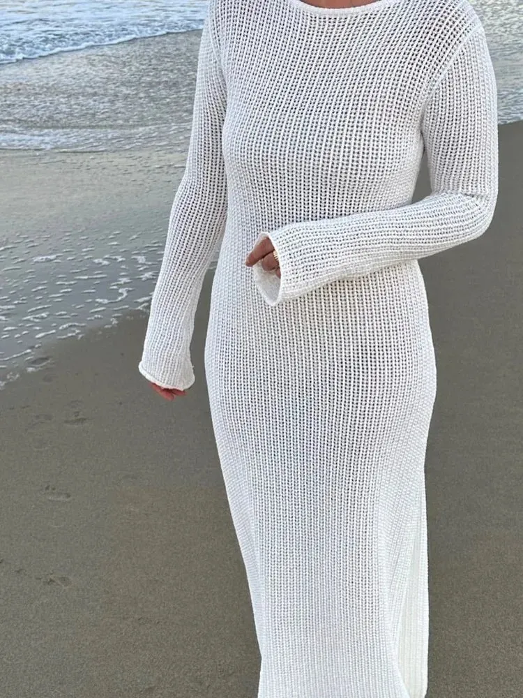 Knitted Hollow Out See Through Bodycon Maxi Dress for Summer Beach Style