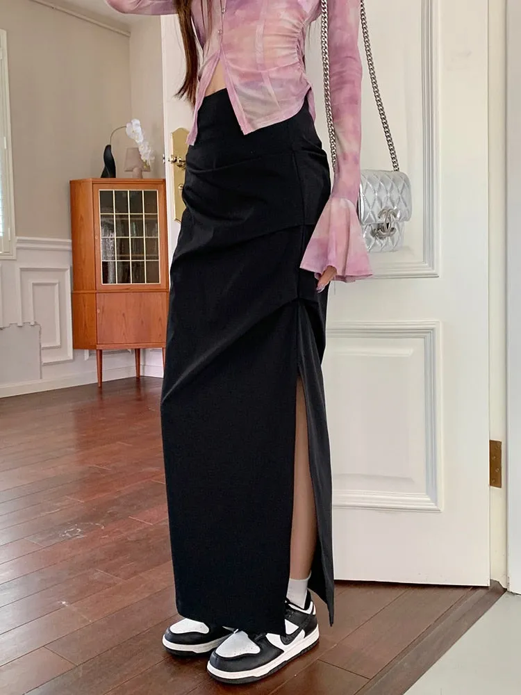 [Korean Style] 3 Colors High Waist Solid Color Maxi Cargo Skirt w/ Slit