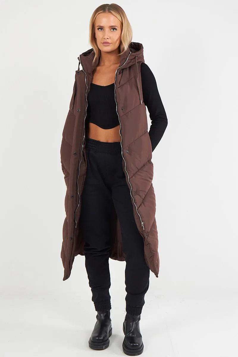 LADIES LONG PADDED HOODED VEST JACKET-CHOCOLATE