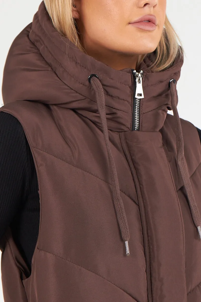 LADIES LONG PADDED HOODED VEST JACKET-CHOCOLATE