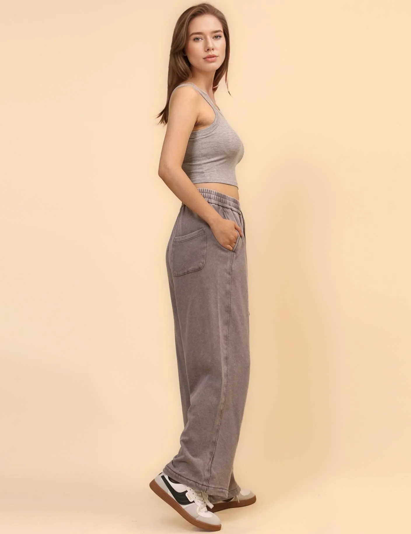 Ladies Slouchy Washed Waist Wide Leg Sweatpants SKP4699