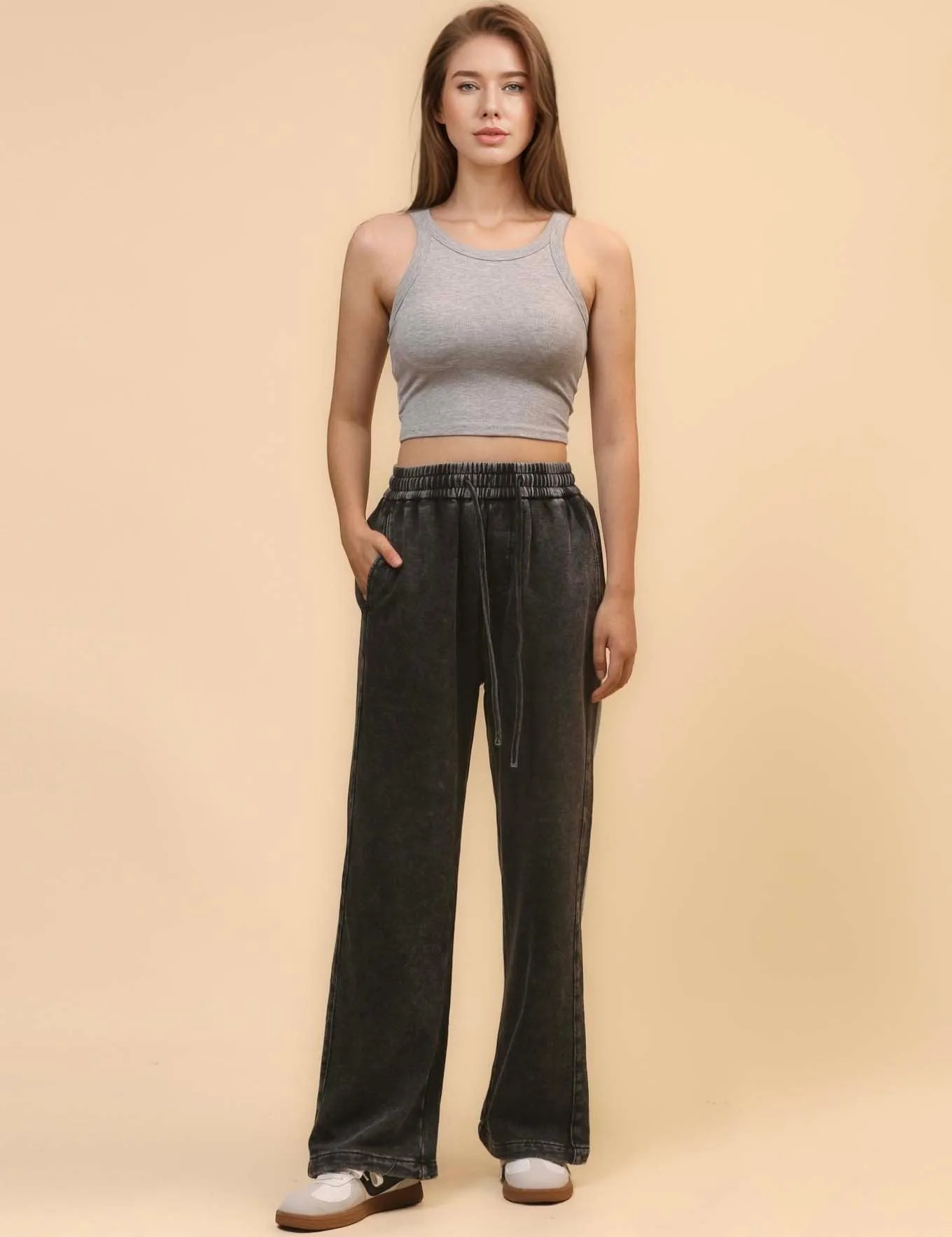 Ladies Slouchy Washed Waist Wide Leg Sweatpants SKP4699