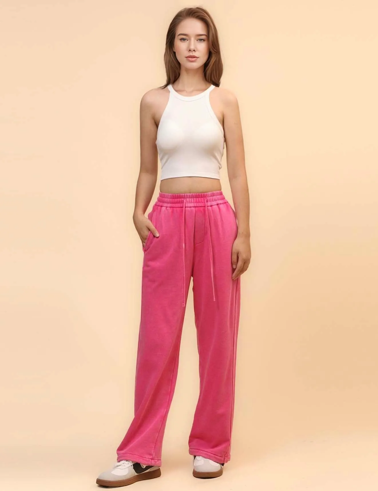 Ladies Slouchy Washed Waist Wide Leg Sweatpants SKP4699