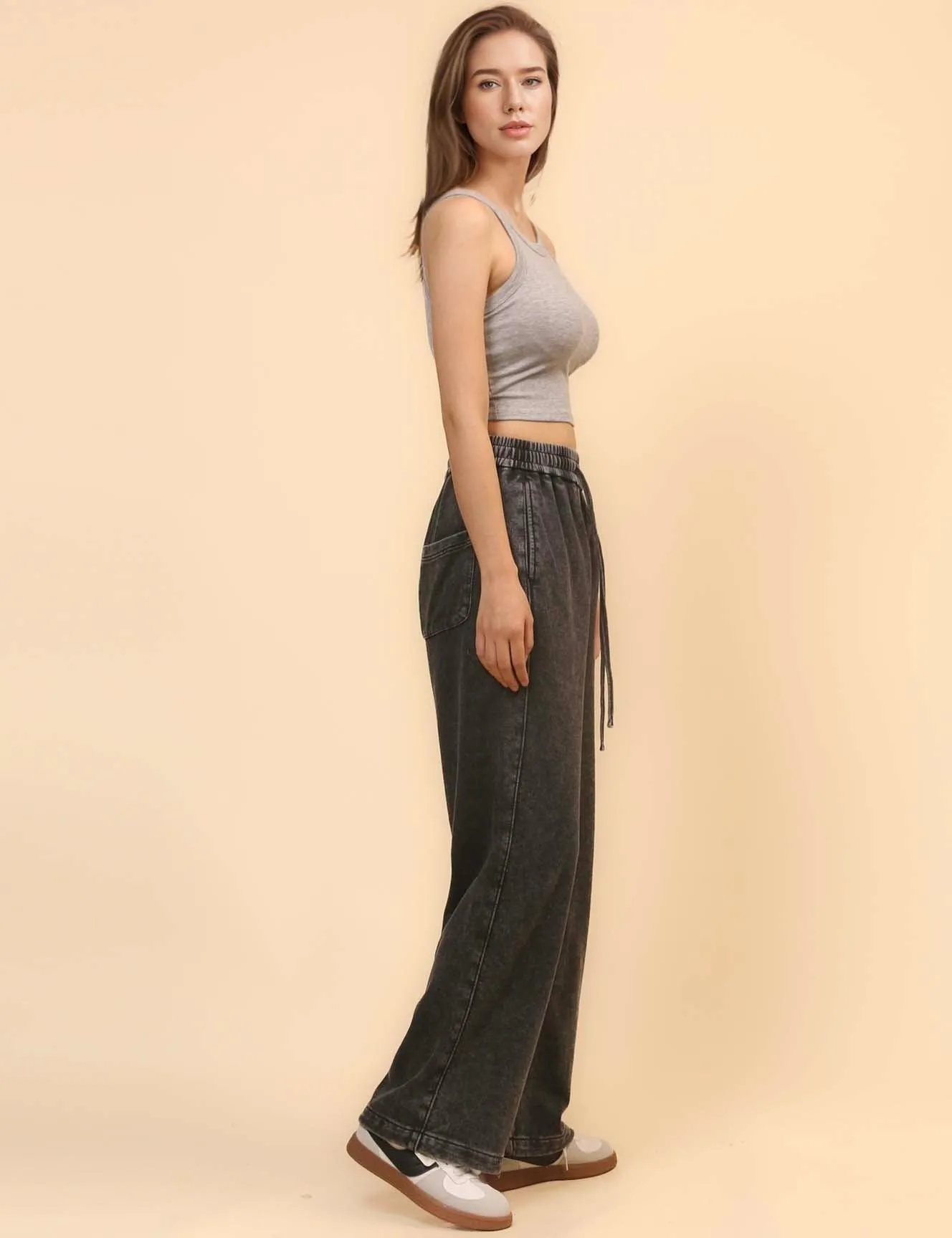 Ladies Slouchy Washed Waist Wide Leg Sweatpants SKP4699