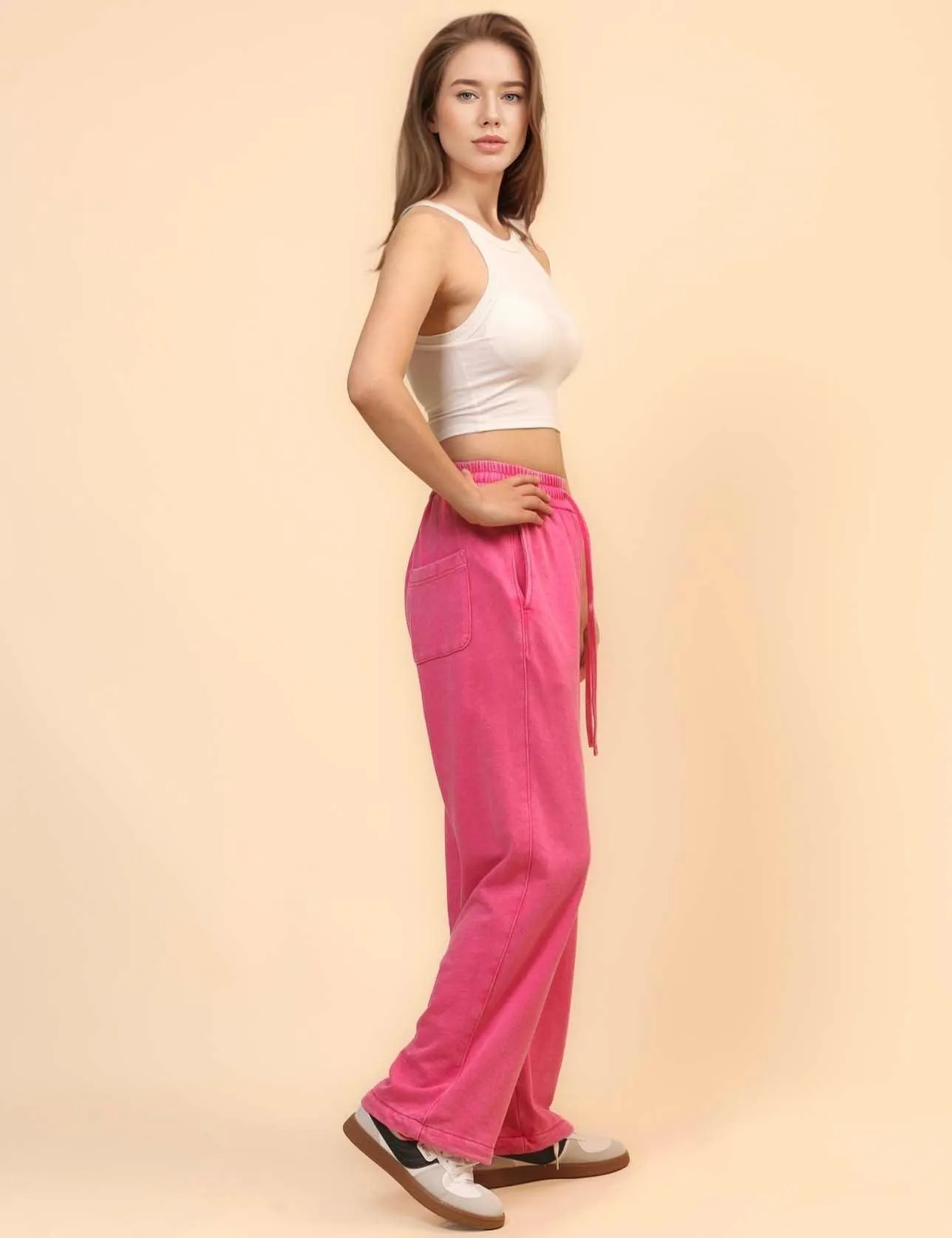 Ladies Slouchy Washed Waist Wide Leg Sweatpants SKP4699