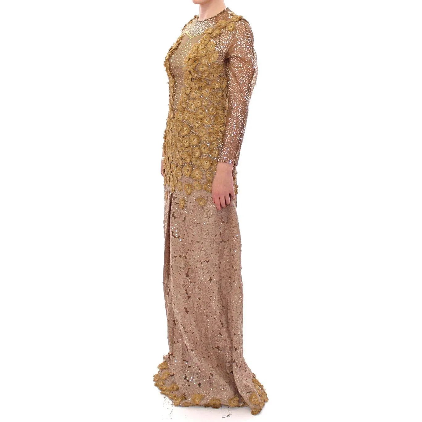 Lanre Da Silva Ajayi Exquisite Gold Lace Maxi Dress with Crystals