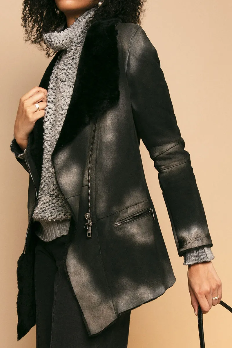 Leather Coat Jacket in Silver Black