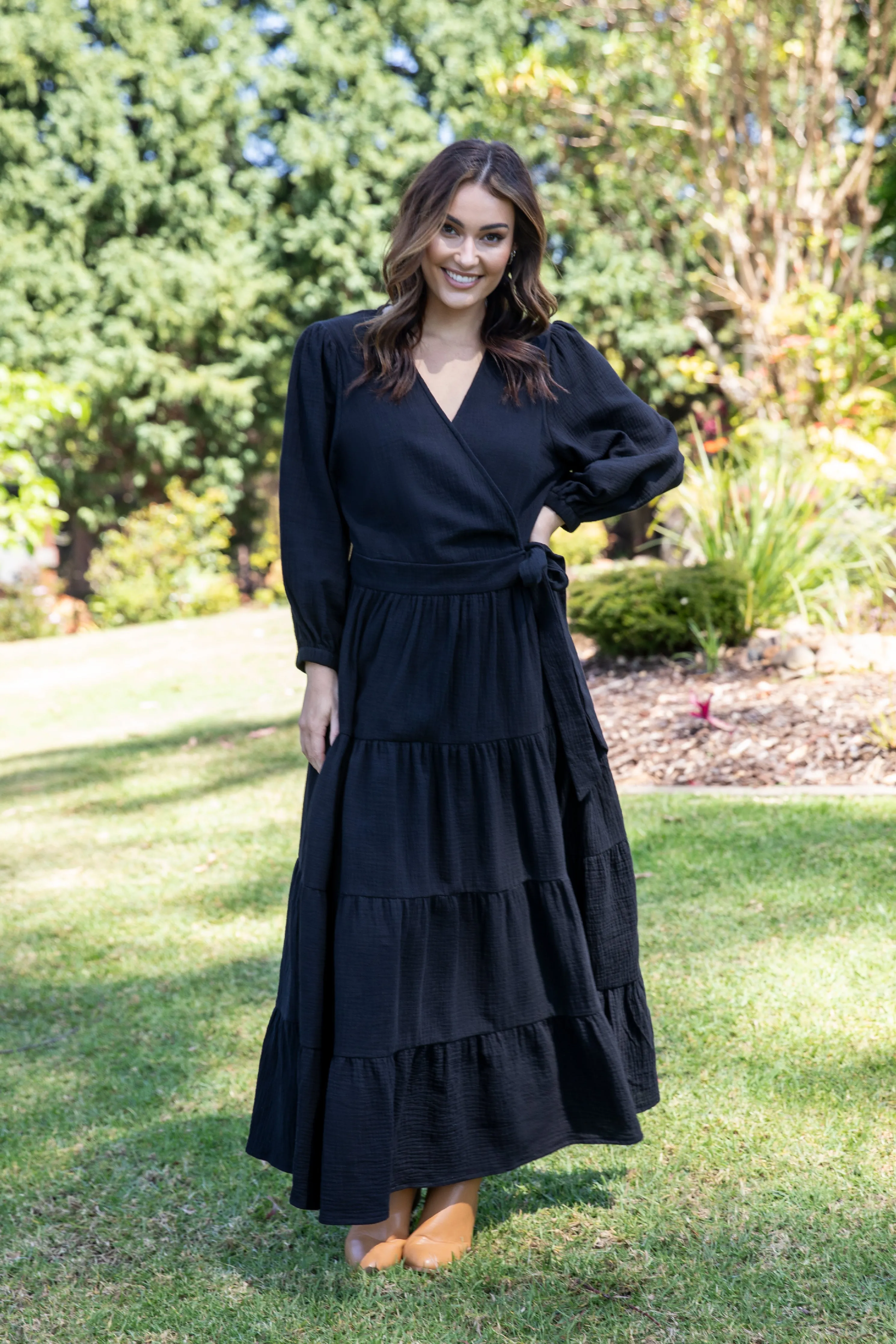 Long Sleeve Ruffle Wrap Dress | Black | FINAL SALE