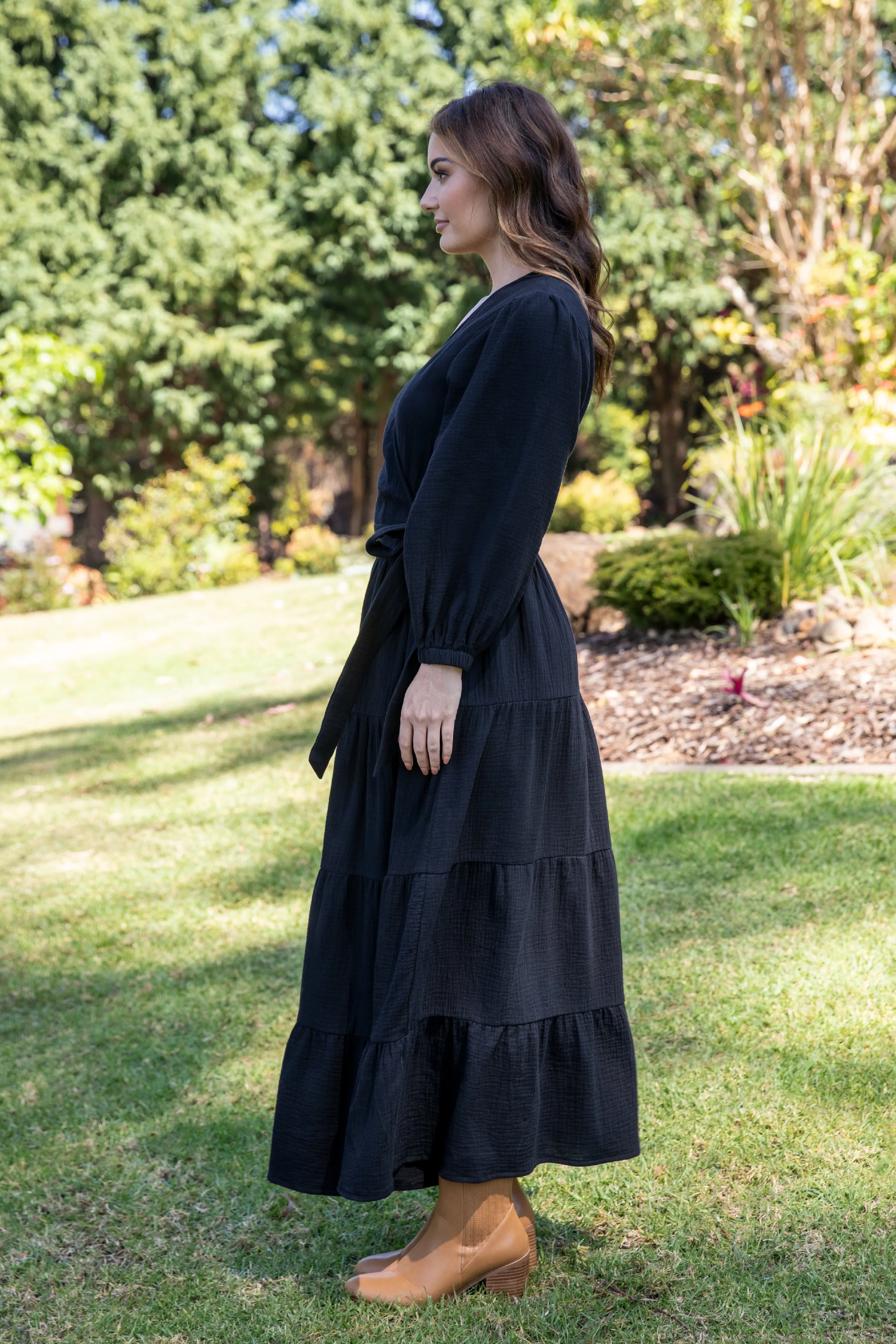 Long Sleeve Ruffle Wrap Dress | Black | FINAL SALE