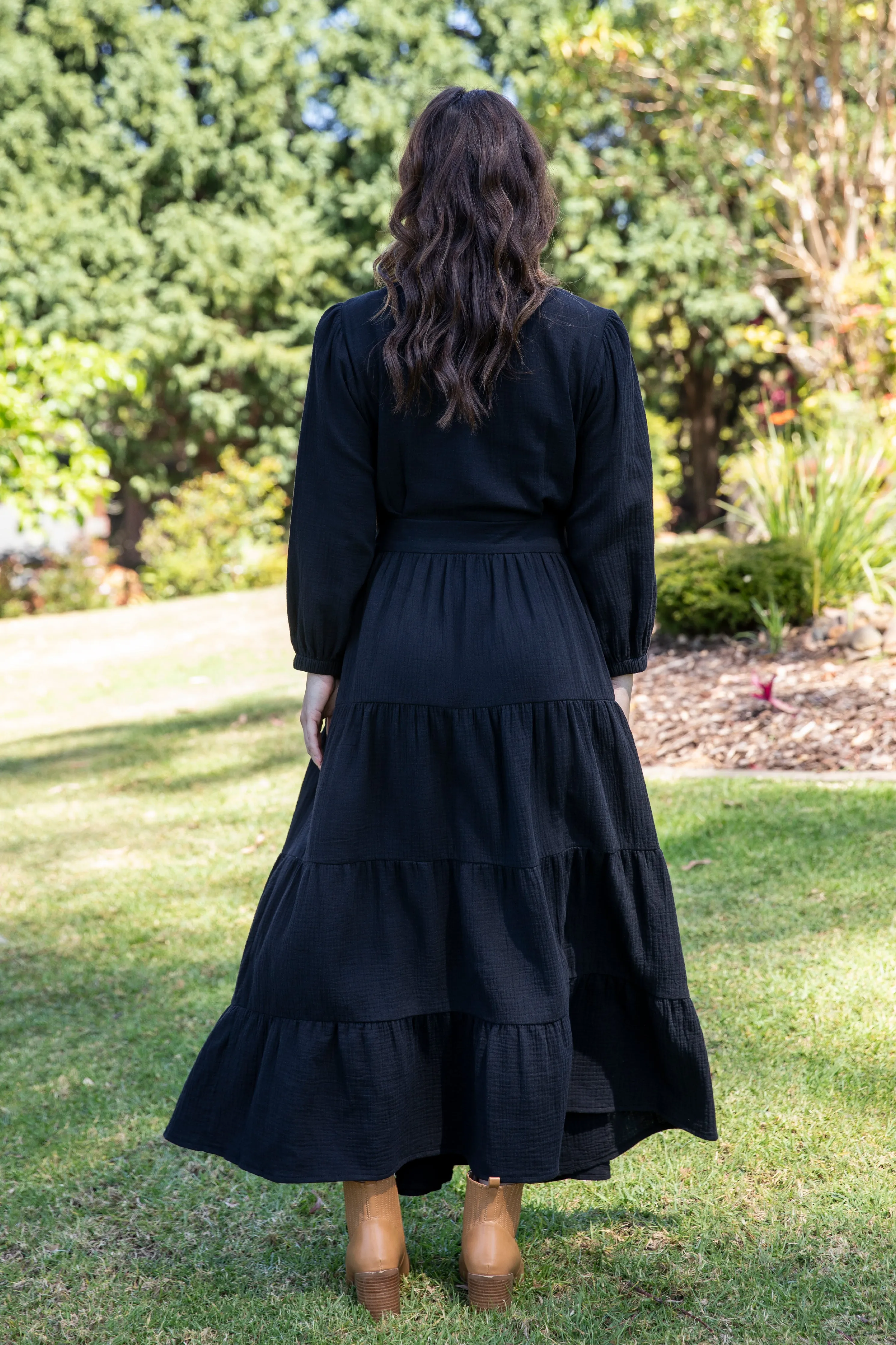 Long Sleeve Ruffle Wrap Dress | Black | FINAL SALE