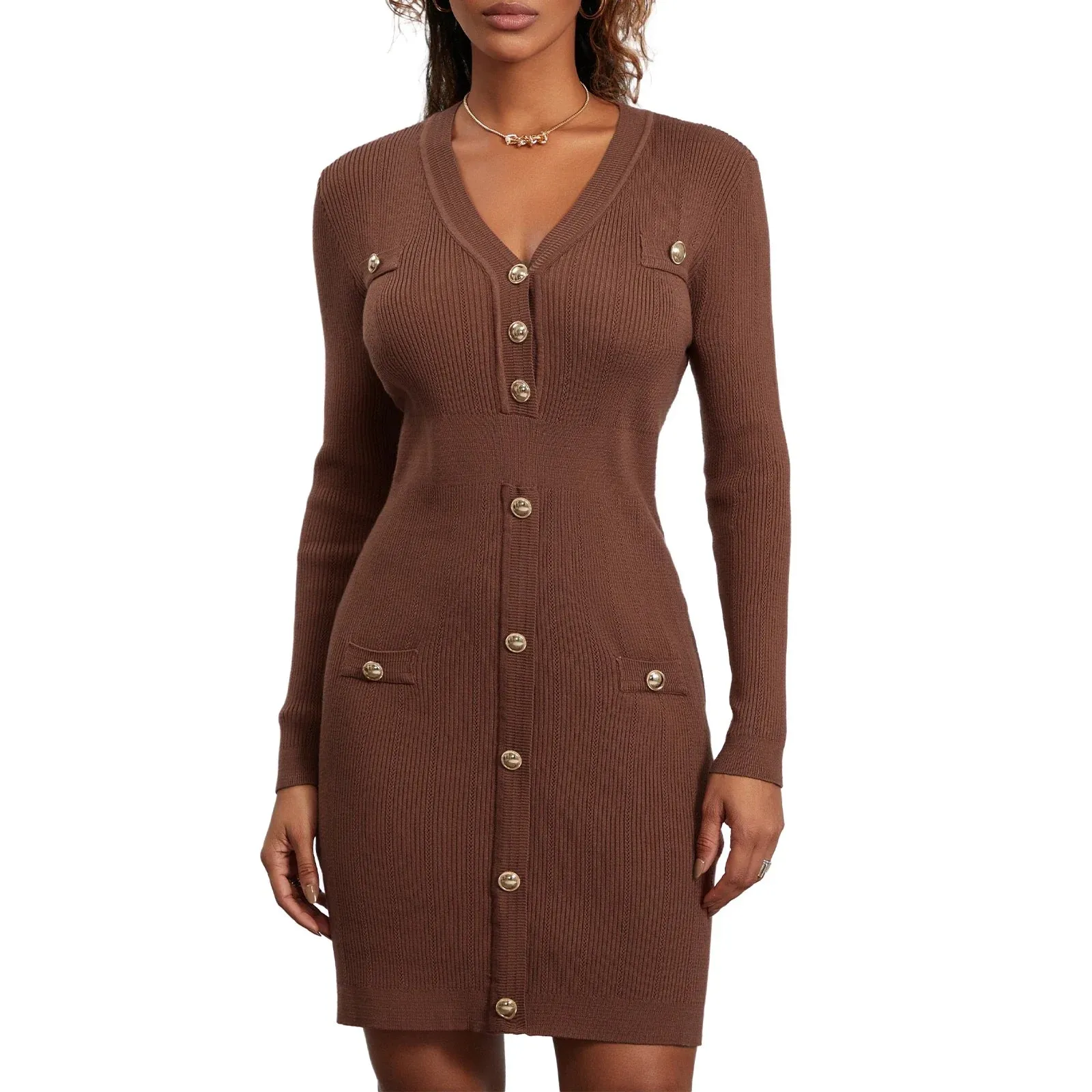 Long Sleeve Work Dress Button Front Bodycon Knitted Beach Vacation Cocktail Club Casual Women Dress