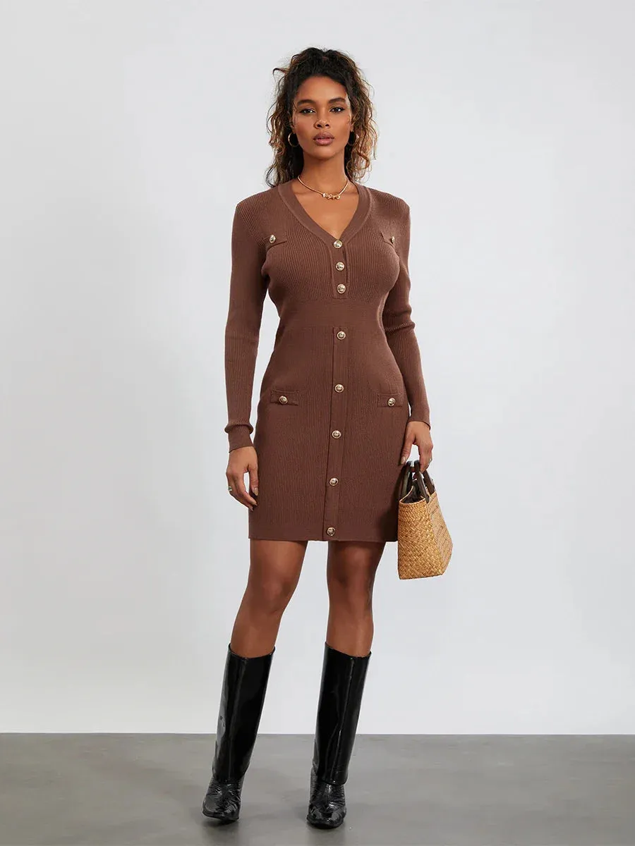 Long Sleeve Work Dress Button Front Bodycon Knitted Beach Vacation Cocktail Club Casual Women Dress