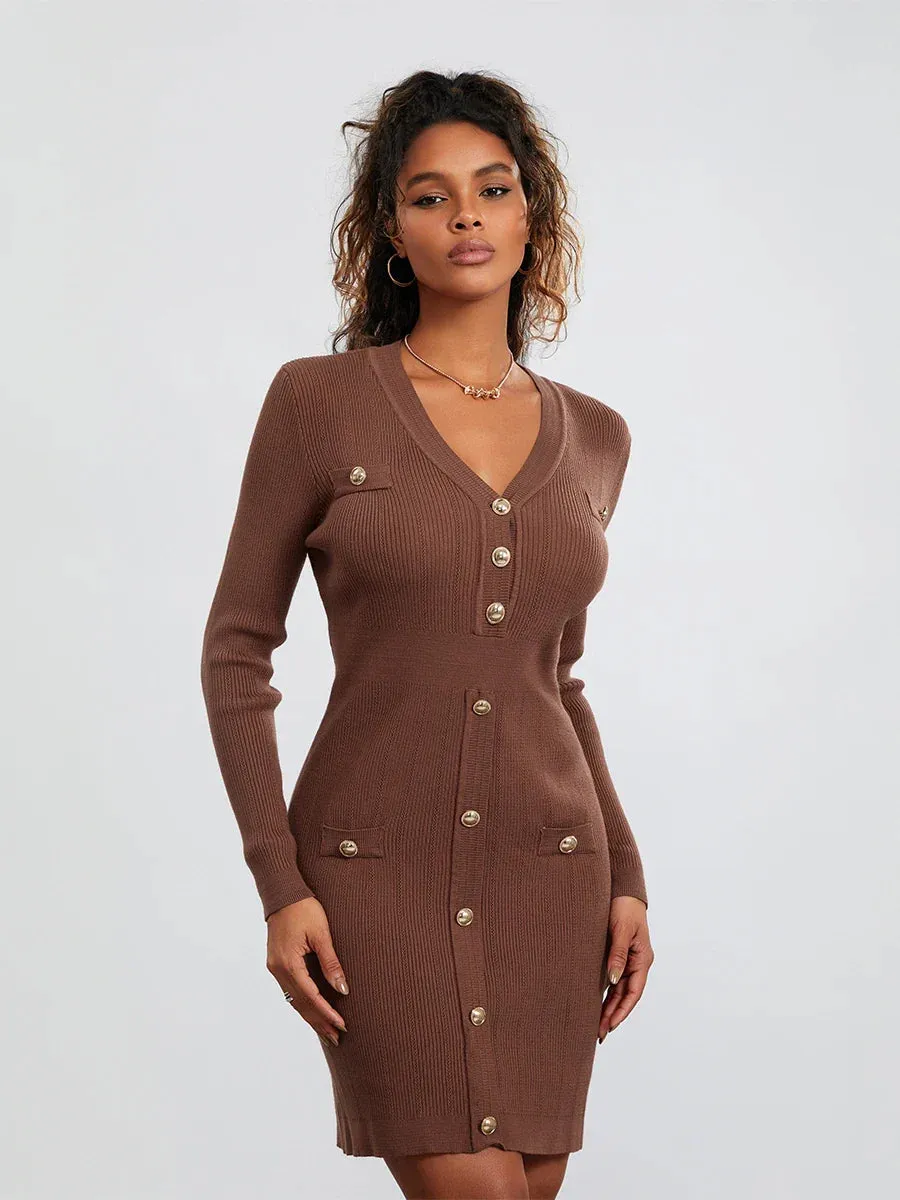 Long Sleeve Work Dress Button Front Bodycon Knitted Beach Vacation Cocktail Club Casual Women Dress