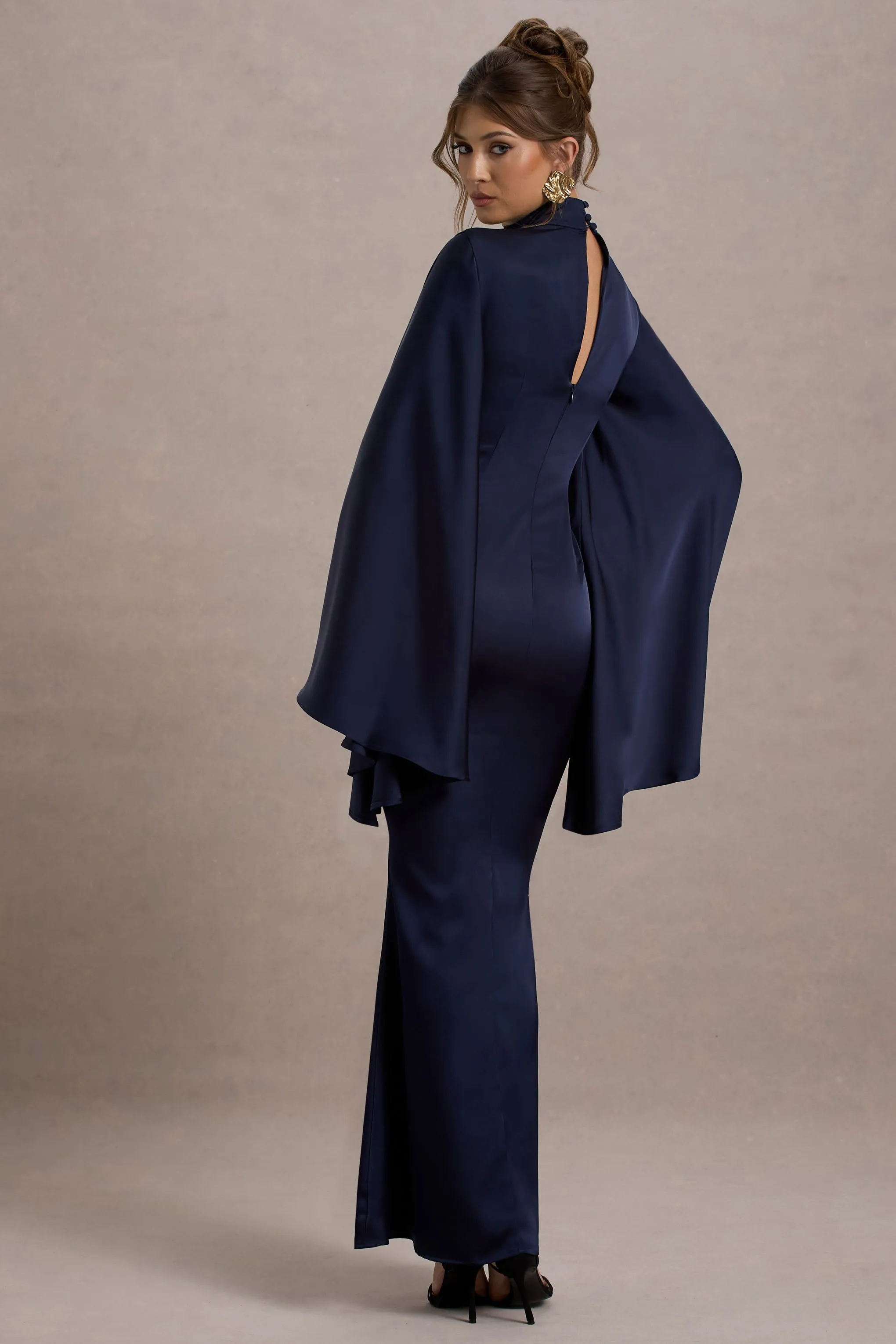 Maceline | Navy Satin High-Neck Maxi Dress With Cape Sleeves