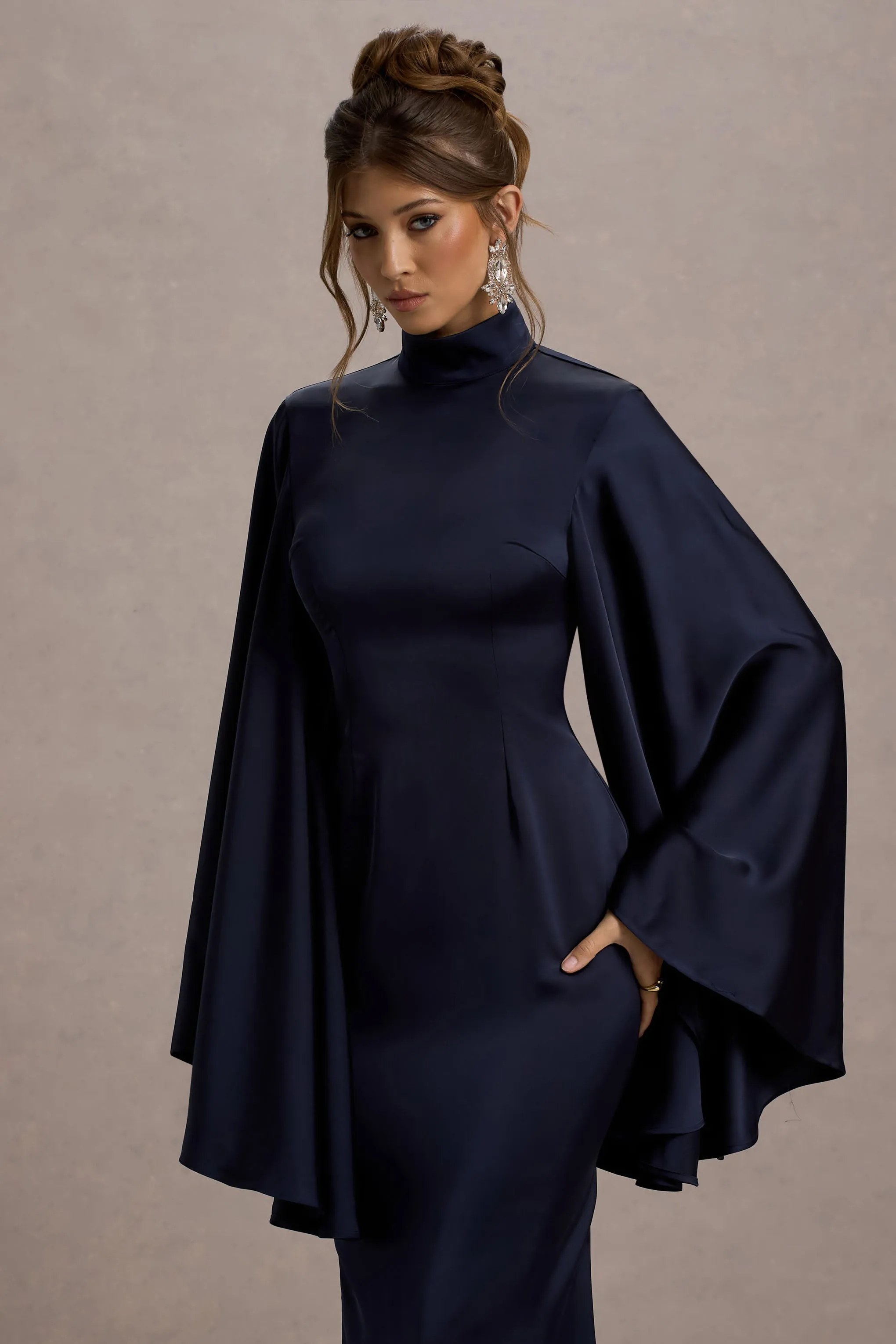 Maceline | Navy Satin High-Neck Maxi Dress With Cape Sleeves