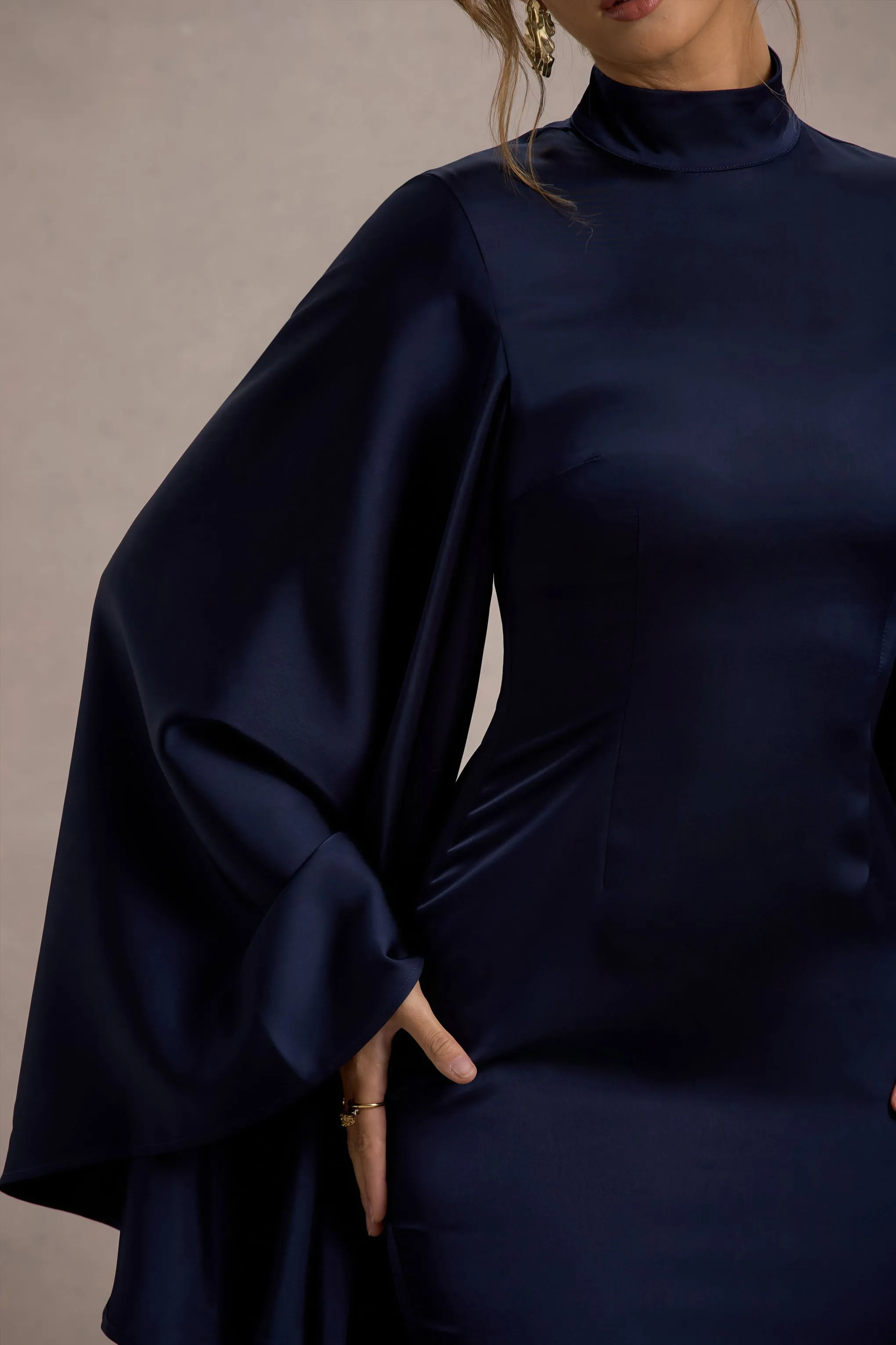 Maceline | Navy Satin High-Neck Maxi Dress With Cape Sleeves