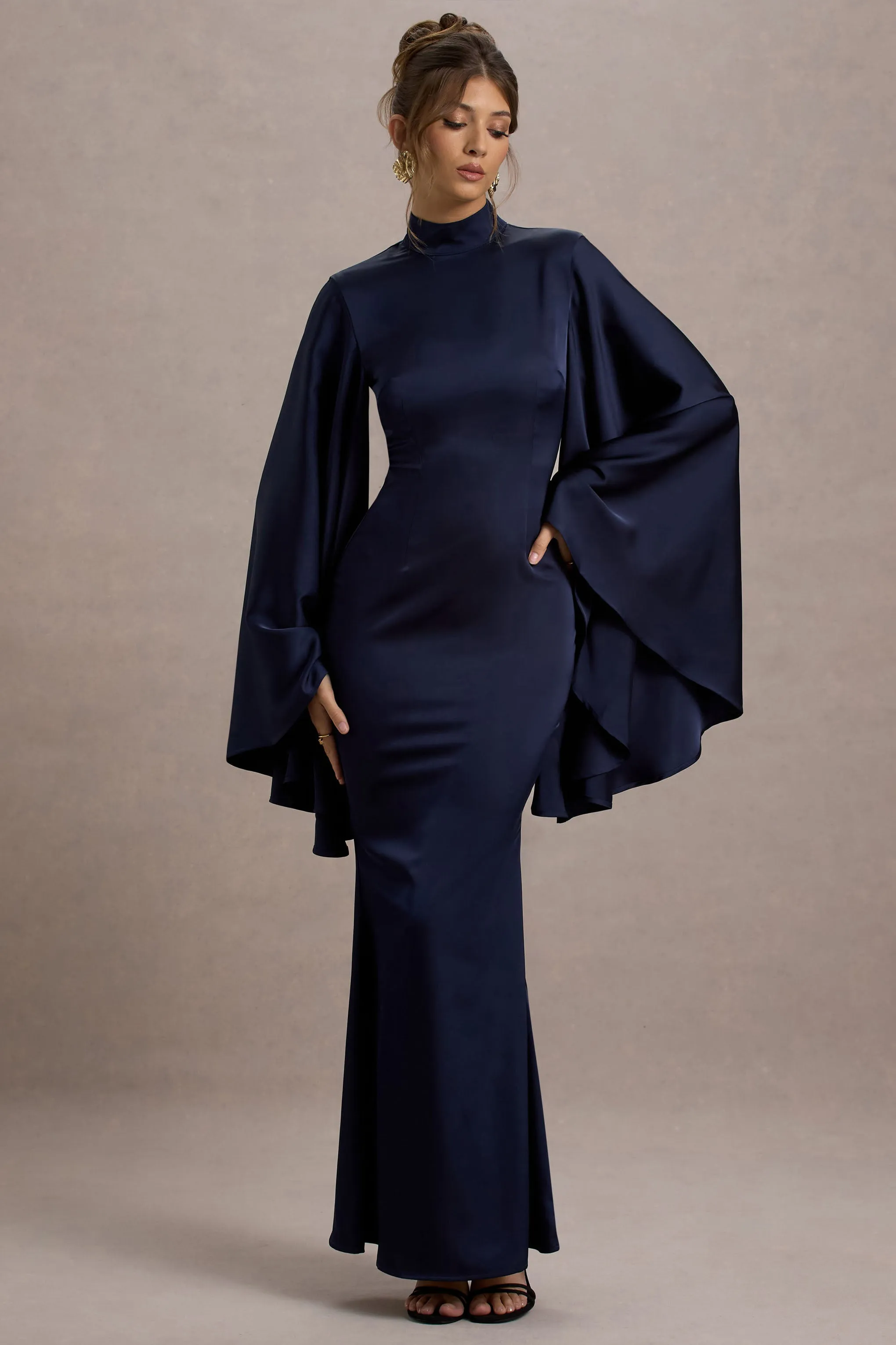 Maceline | Navy Satin High-Neck Maxi Dress With Cape Sleeves