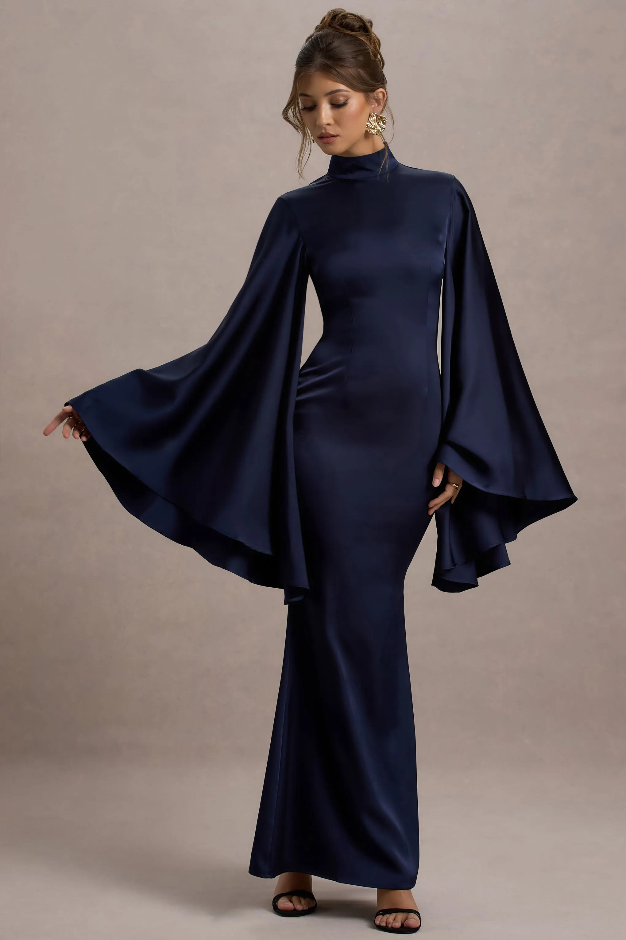 Maceline | Navy Satin High-Neck Maxi Dress With Cape Sleeves