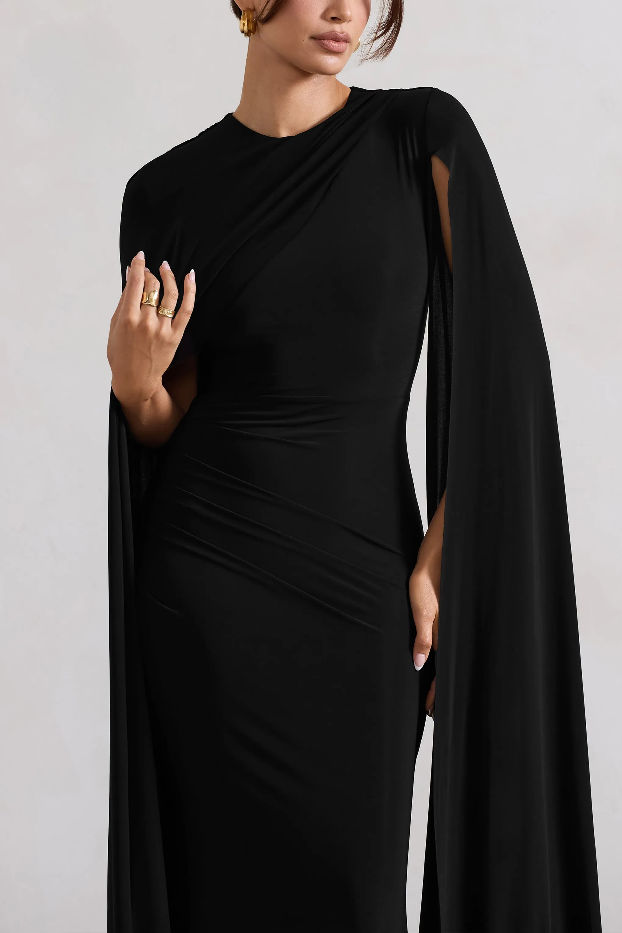 Magdelena | Black Asymmetric Cape Maxi Dress