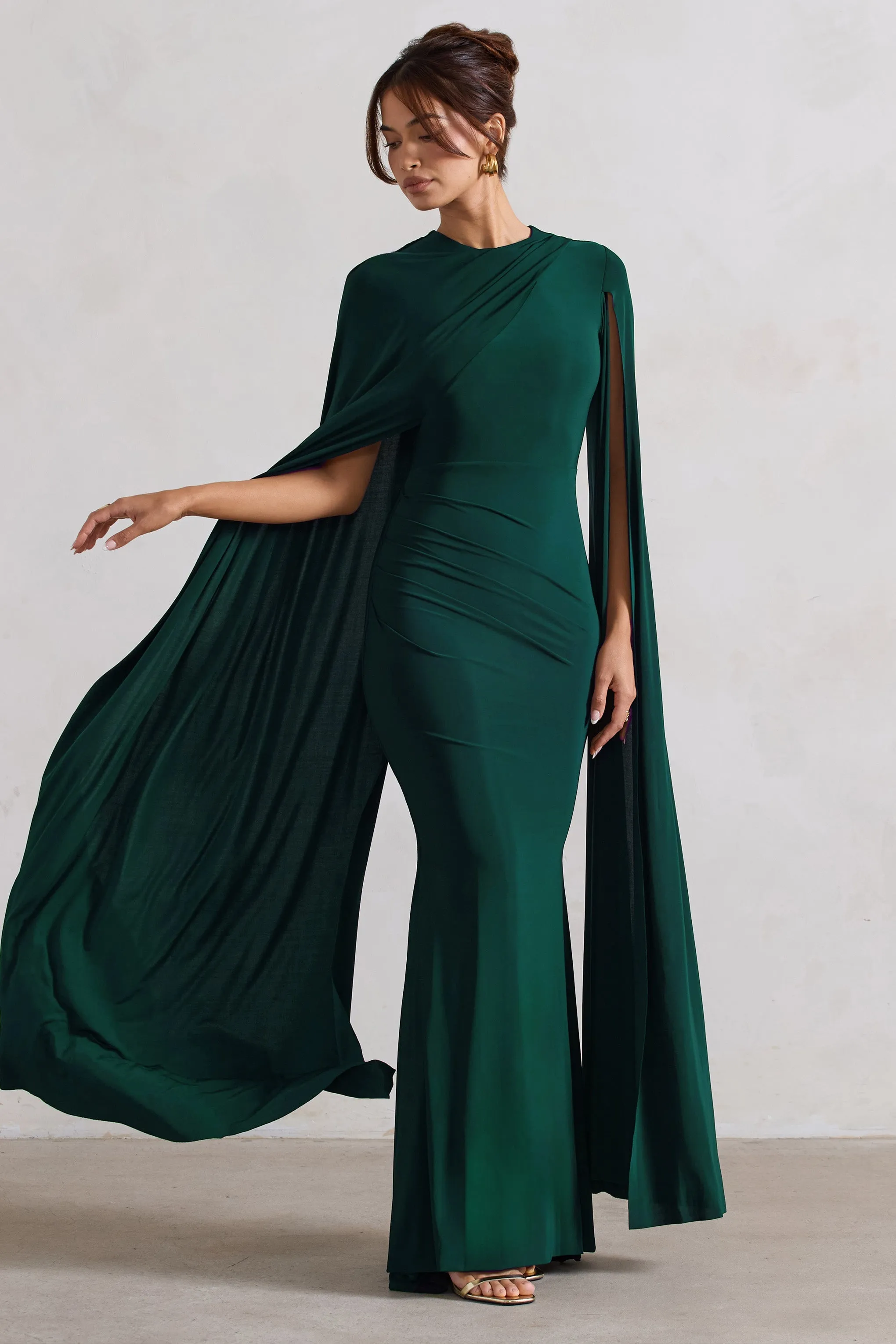 Magdelena | Bottle Green Asymmetric Cape Maxi Dress