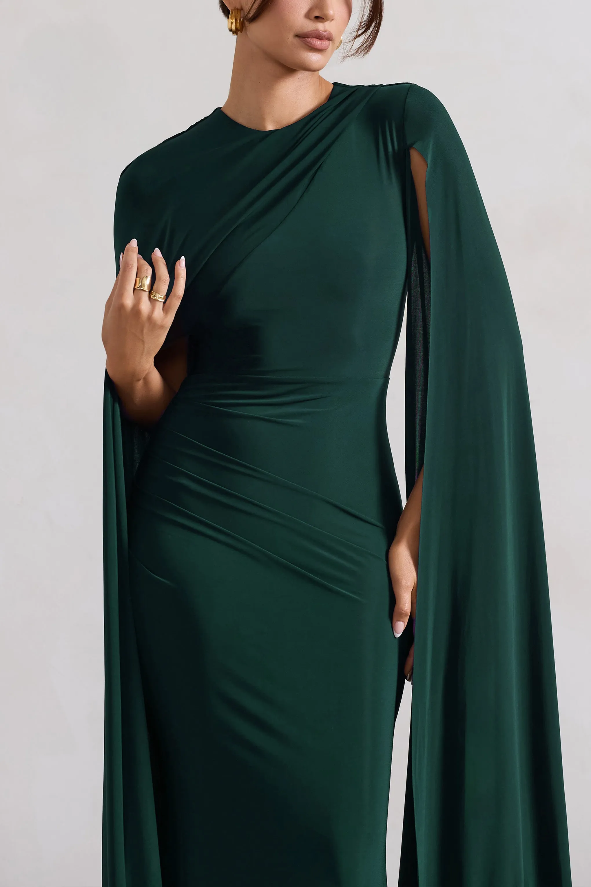 Magdelena | Bottle Green Asymmetric Cape Maxi Dress