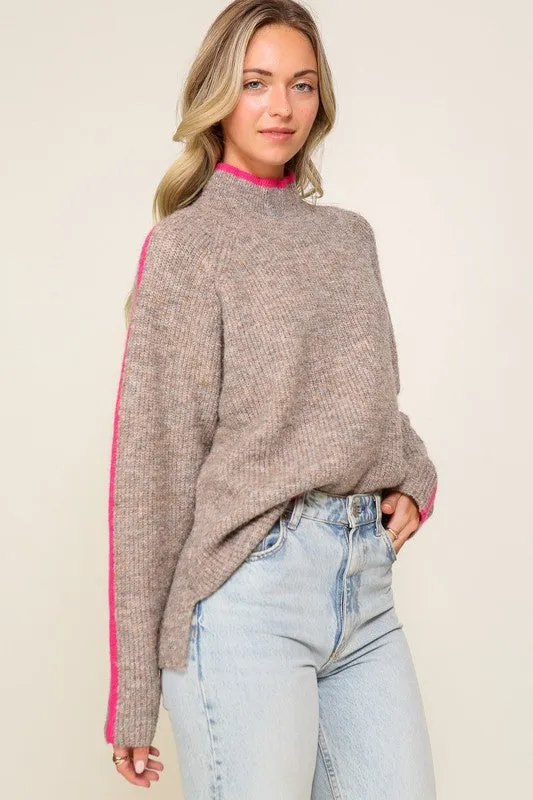 Marbled Brown Raglan Sleeve Funnel Neck Sweater