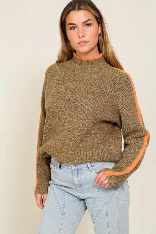 Marbled Brown Raglan Sleeve Funnel Neck Sweater