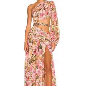 Mary Floral One Shoulder Sleeve Maxi Slit Dress