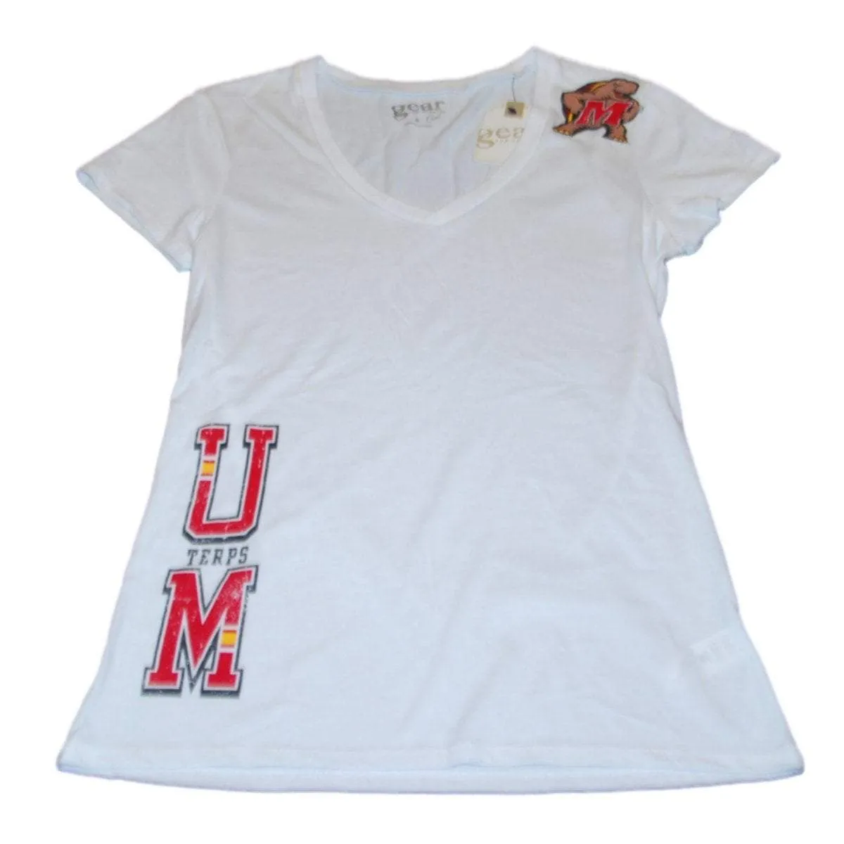 Maryland Terrapins Gear for Sports Women White V-Neck Thin Fitted T-Shirt (M)