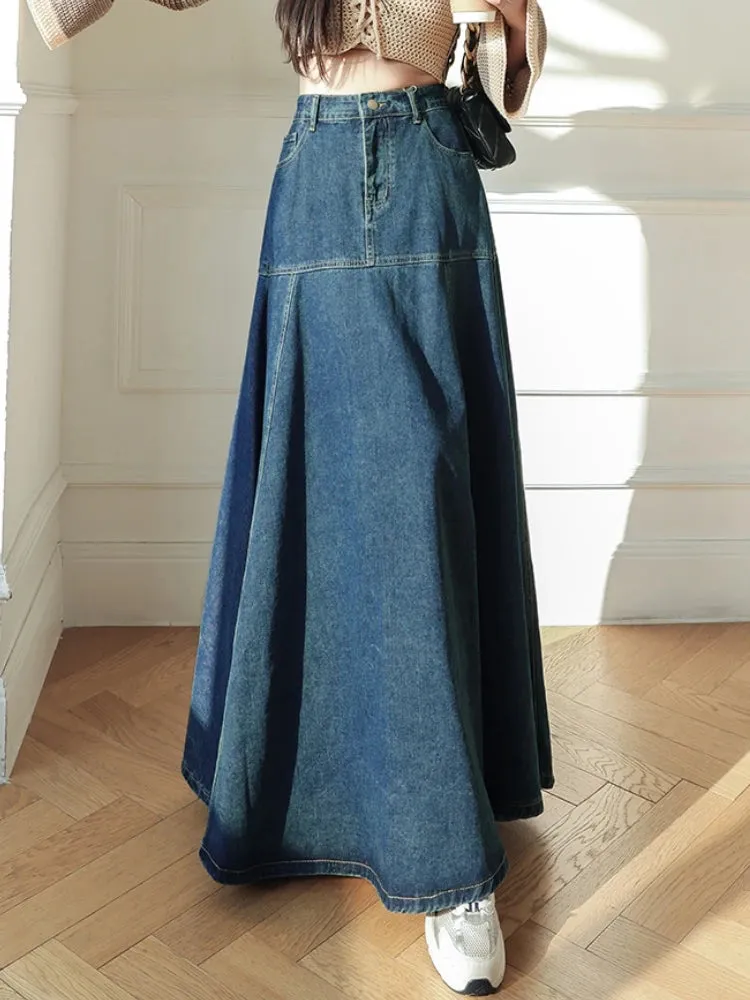 Maxi Long Skirts Women Korean Vintage Autumn Winter High Waist Jean Skirt Ladies A-Line Ruffle Pleated Denim Skirt