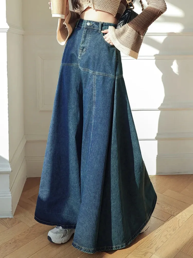 Maxi Long Skirts Women Korean Vintage Autumn Winter High Waist Jean Skirt Ladies A-Line Ruffle Pleated Denim Skirt