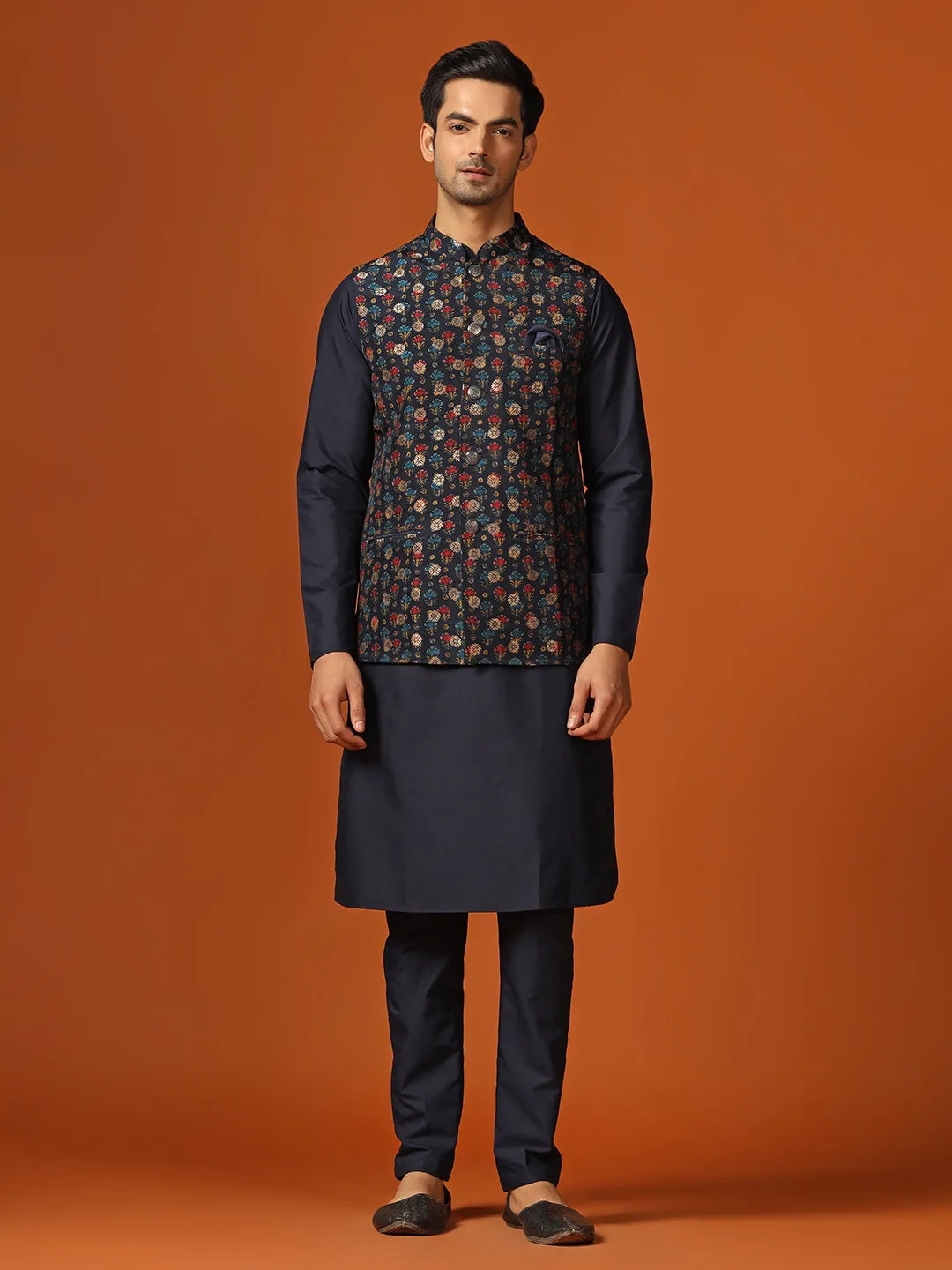 Men Blue Kurta Jacket Trouser Set