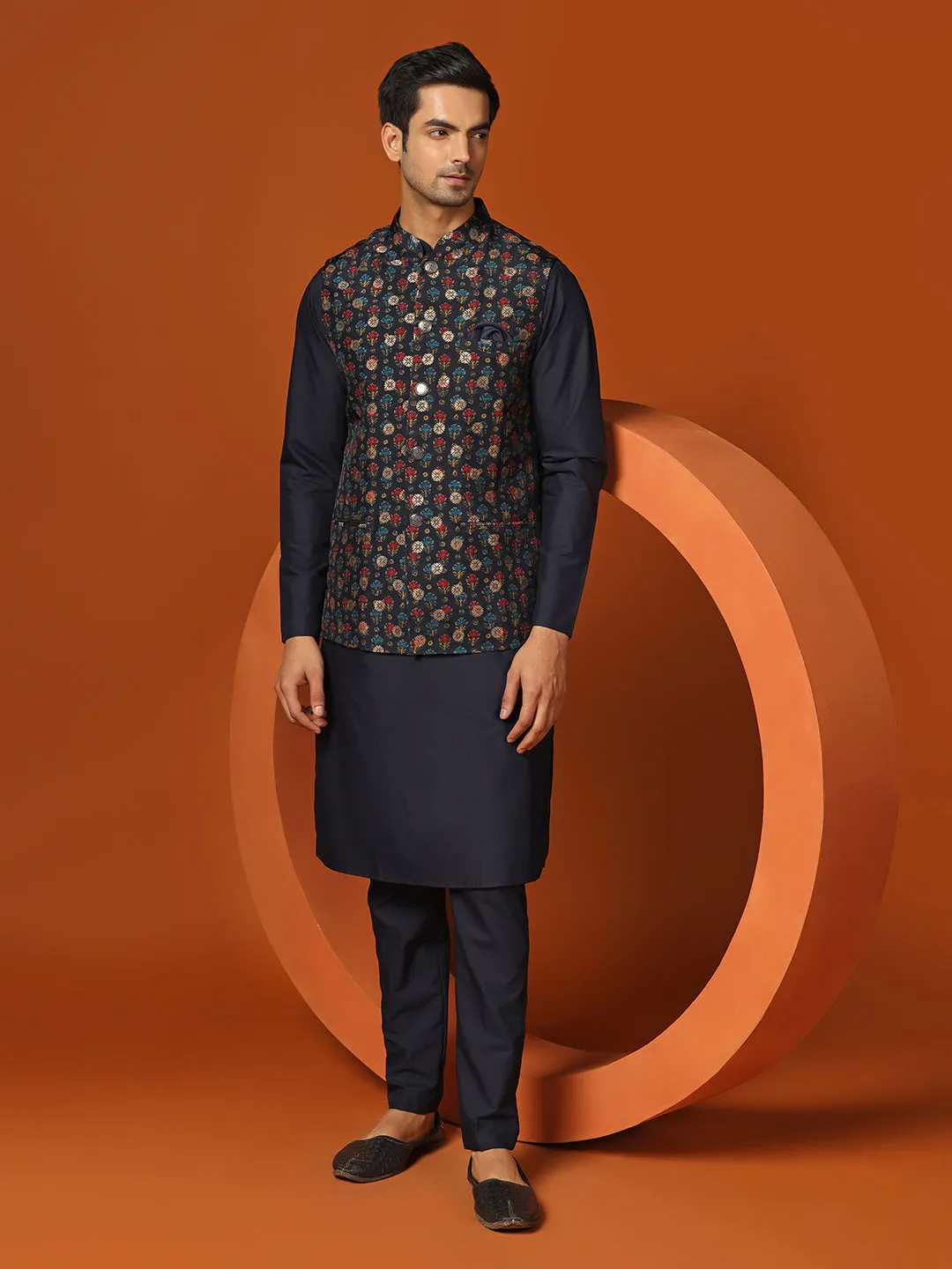 Men Blue Kurta Jacket Trouser Set