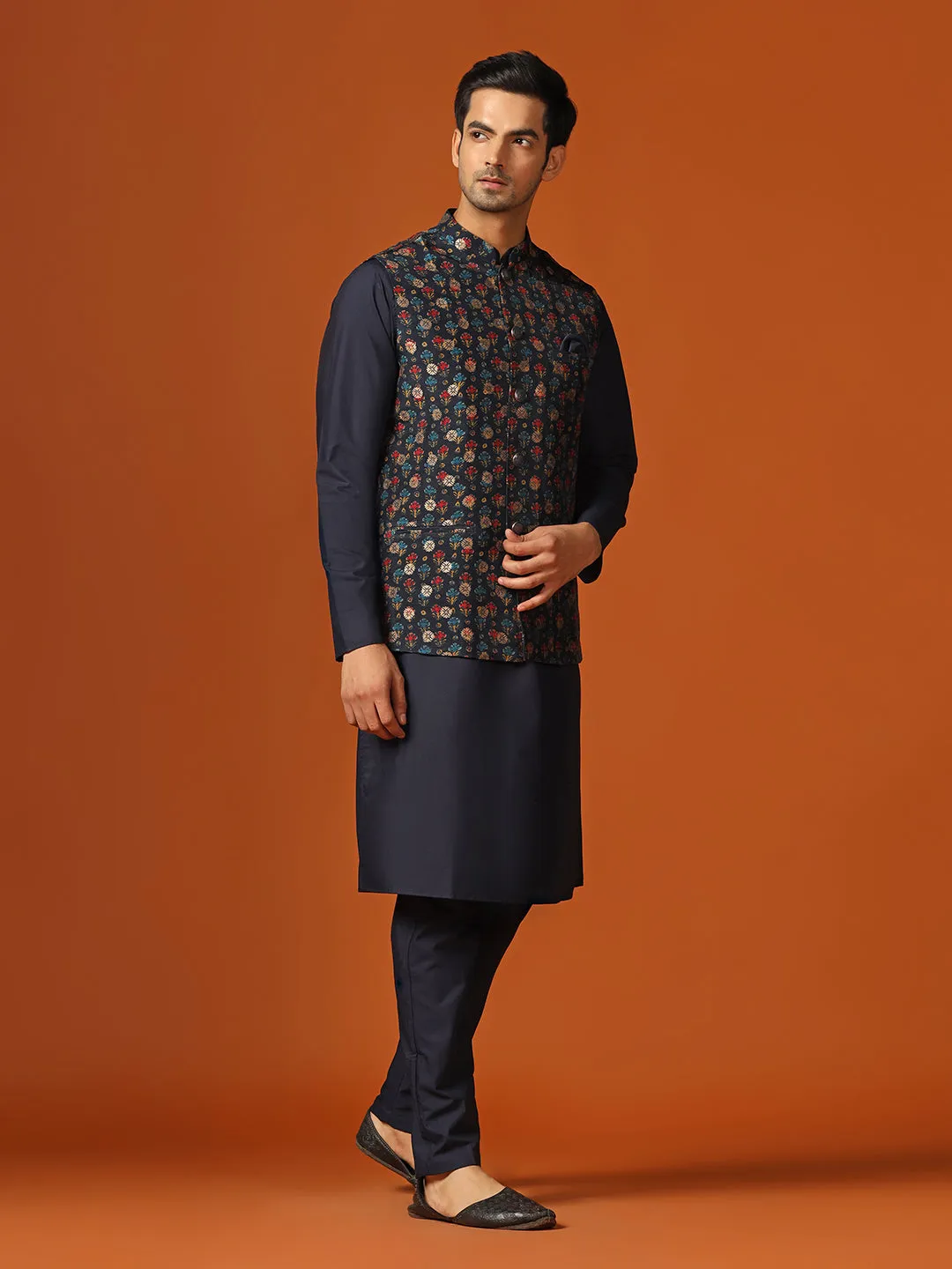 Men Blue Kurta Jacket Trouser Set