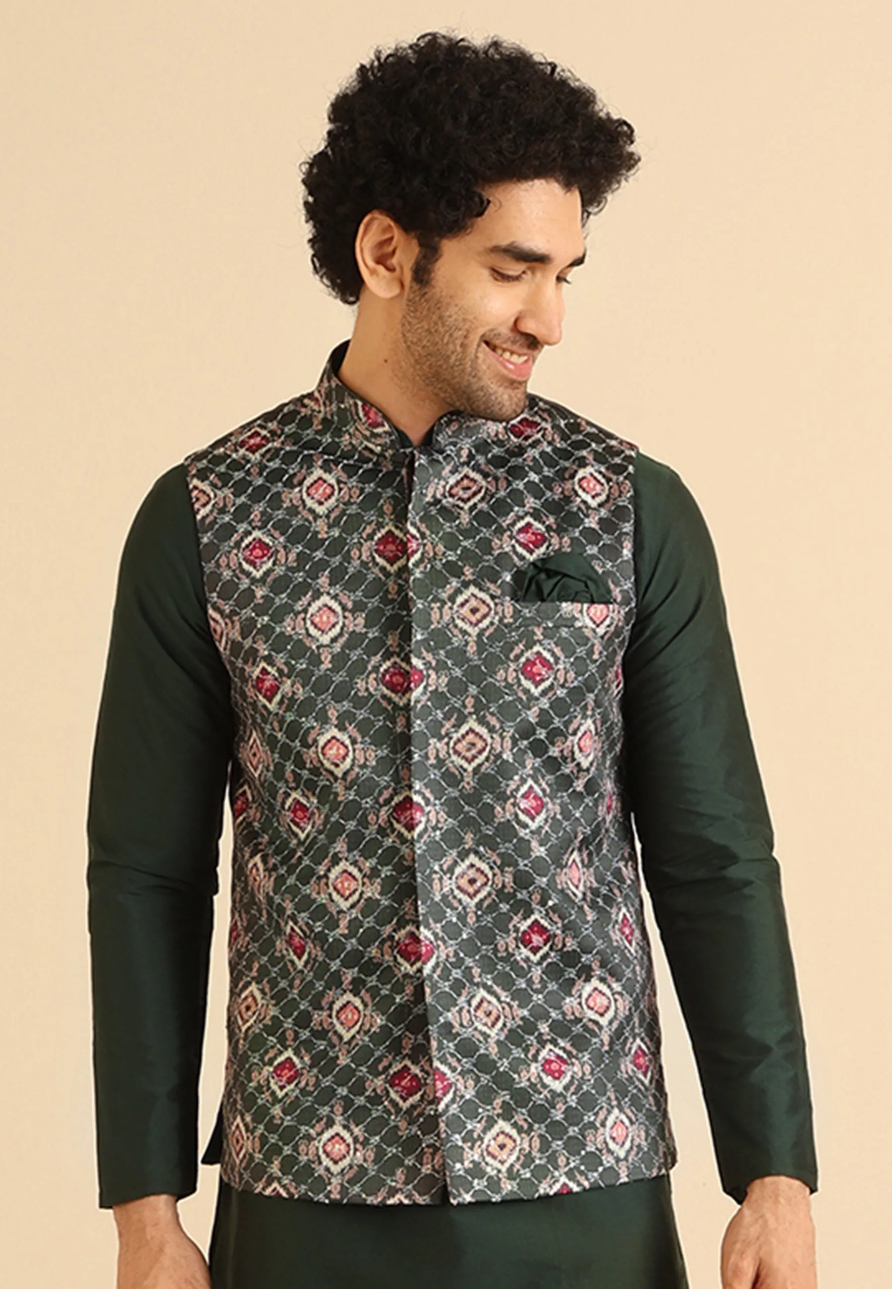 Men Bottle green Nehru Jacket (Set of 1)