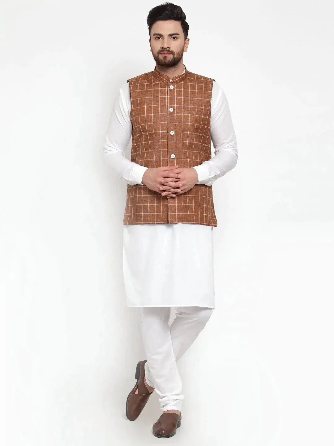 Men Brown Checked Nehru Jacket