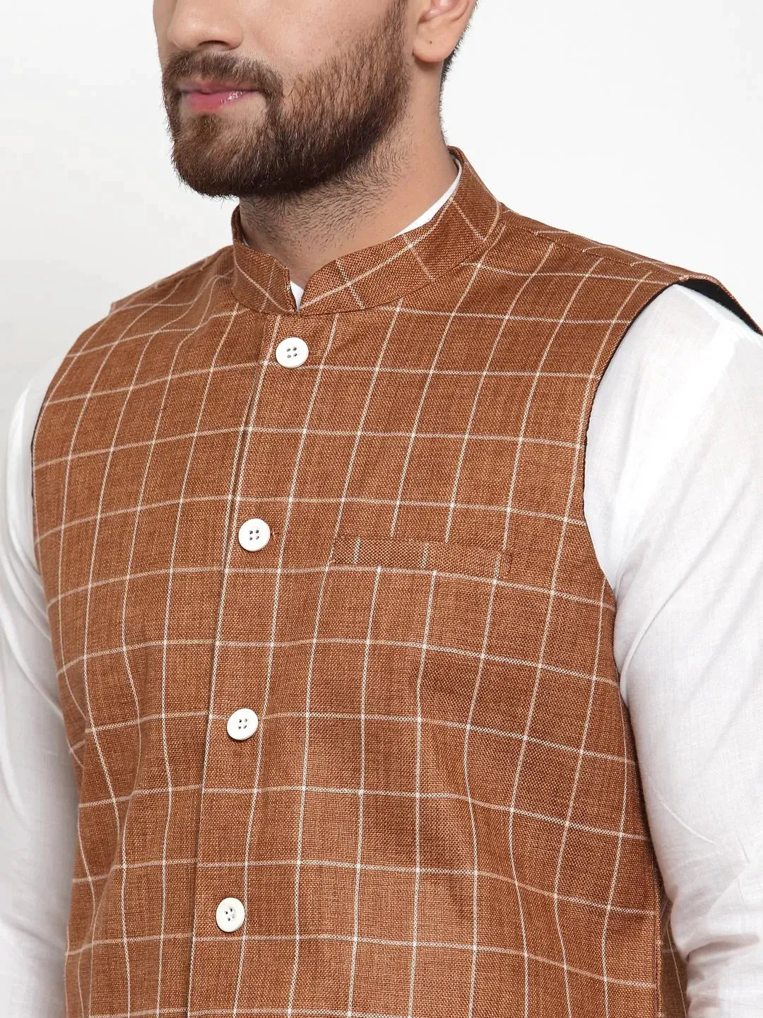 Men Brown Checked Nehru Jacket