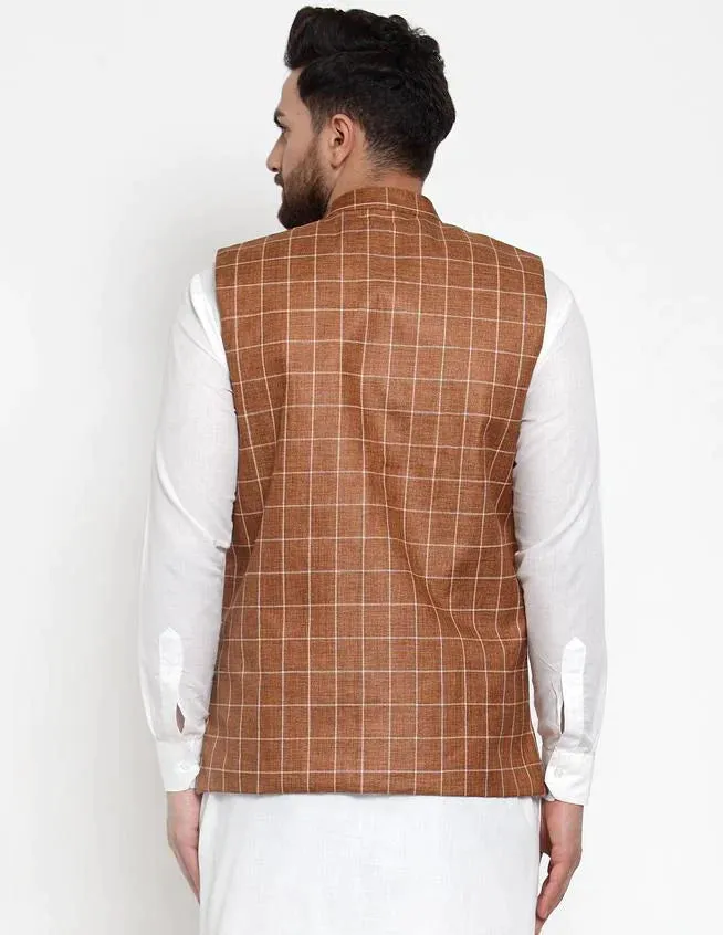 Men Brown Checked Nehru Jacket