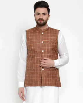 Men Brown Checked Nehru Jacket