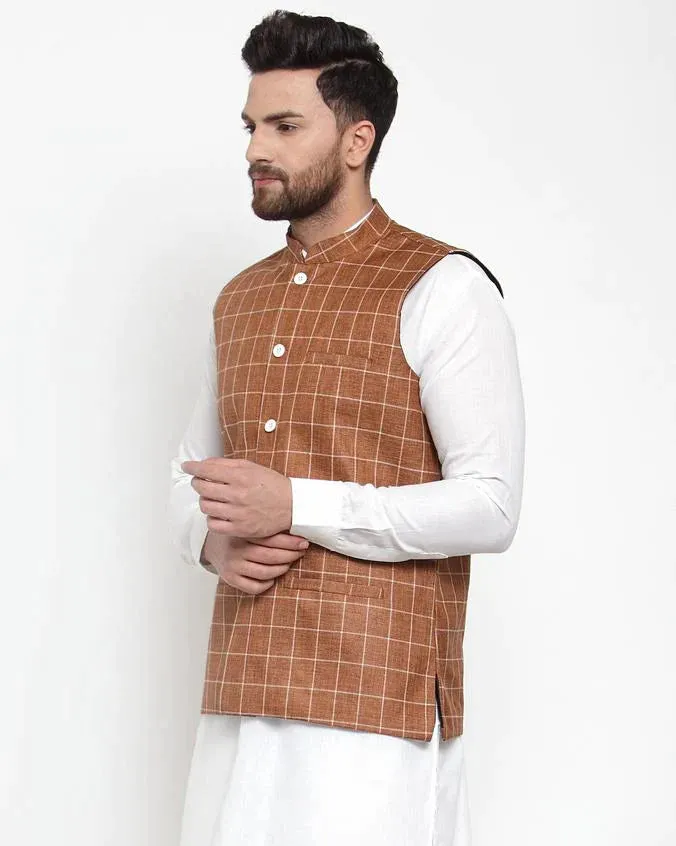 Men Brown Checked Nehru Jacket